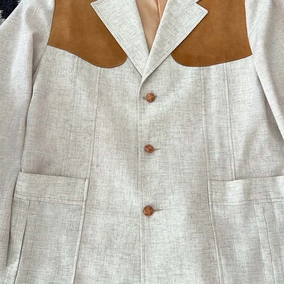 Brad Whitney cream linen and tan suede men’s sport coat blazer size 44 - Picture 3 of 13